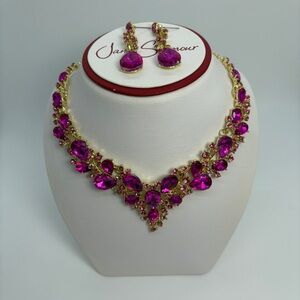 Fuchsia Pink And Gold Crystal Statement Bib Necklace And Earrings Set